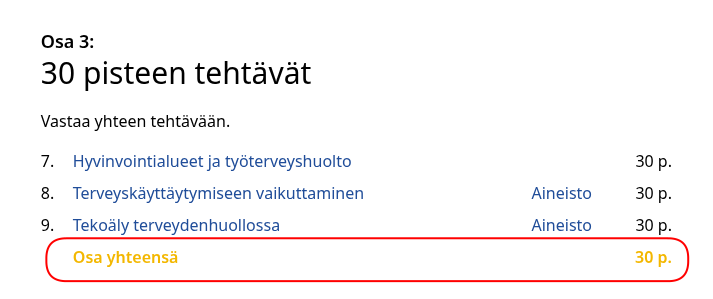 Koeosan pistesumman esitys kokeiden esikatselunäkymässä