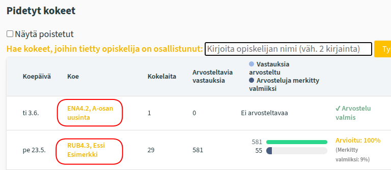 Bittiniilo mahdollistaa kokeen esikatselunäkymän avaamisen kokeen nimeä klikkaamalla