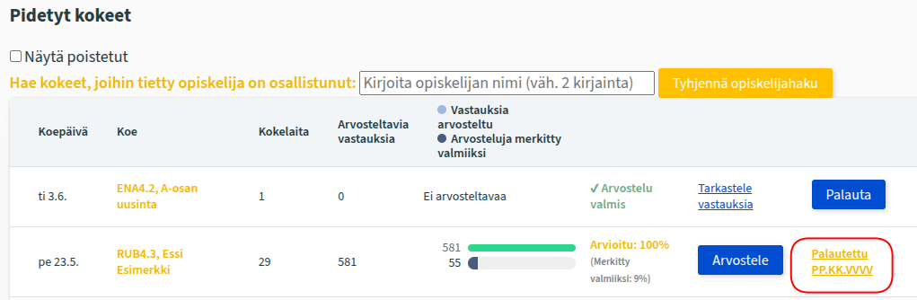 Bittiniilo näyttää koesuorituksen palautusajankohdan