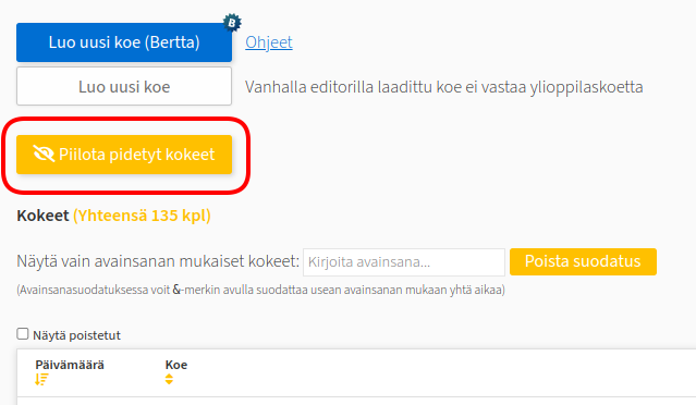 Bittiniilon tarjoama "Piilota pidetyt kokeet" -toiminto